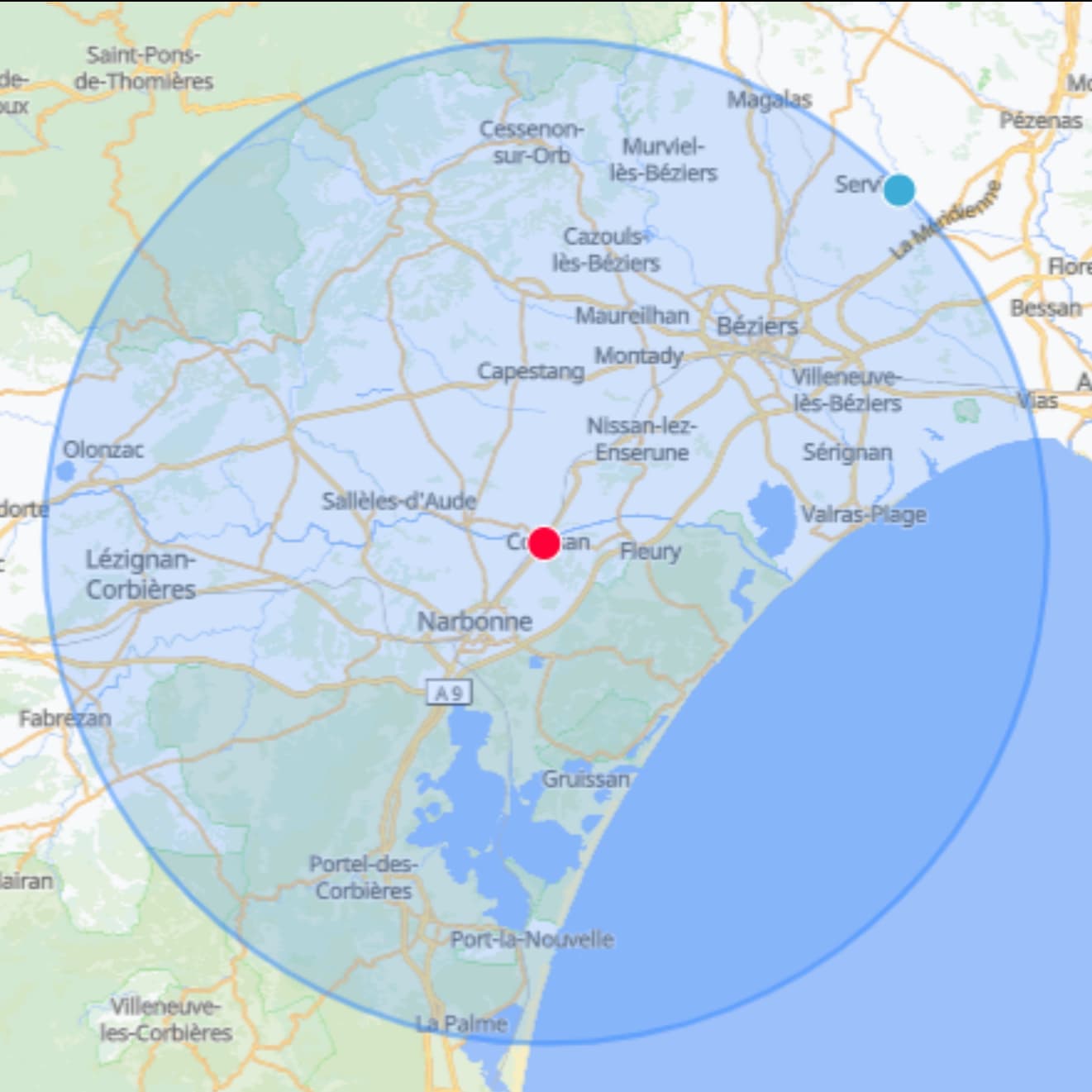 carte representant un cercle de 30km de diamètre autour de Coursan